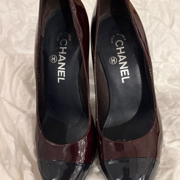 Chanel Burgundy Patent Leather With Navy Cap Toe Cut Out Heels - Picture 2 of 13